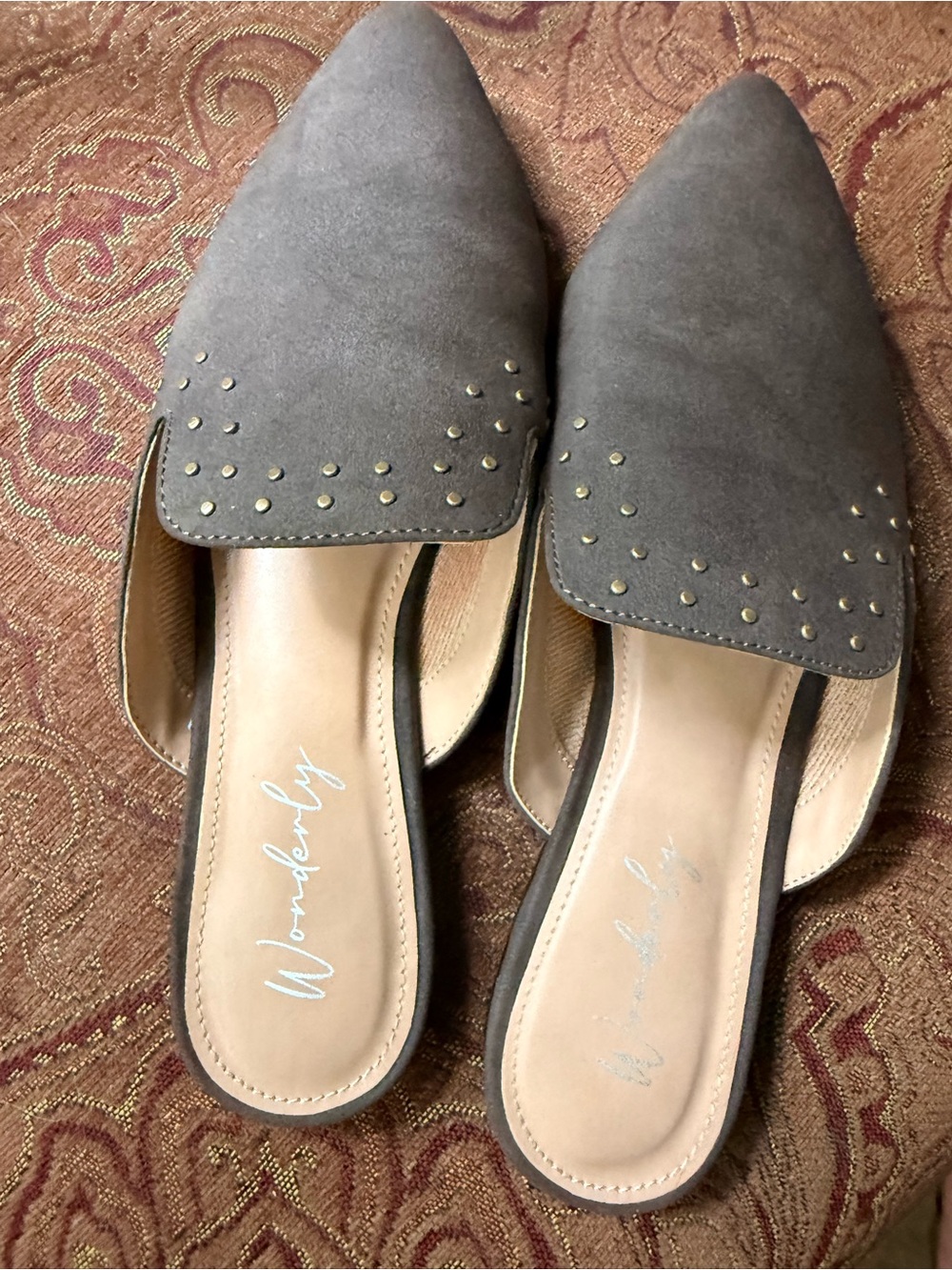 Wonderly Taupe-Gray Pointed Slip-On Mules with Gold Studs